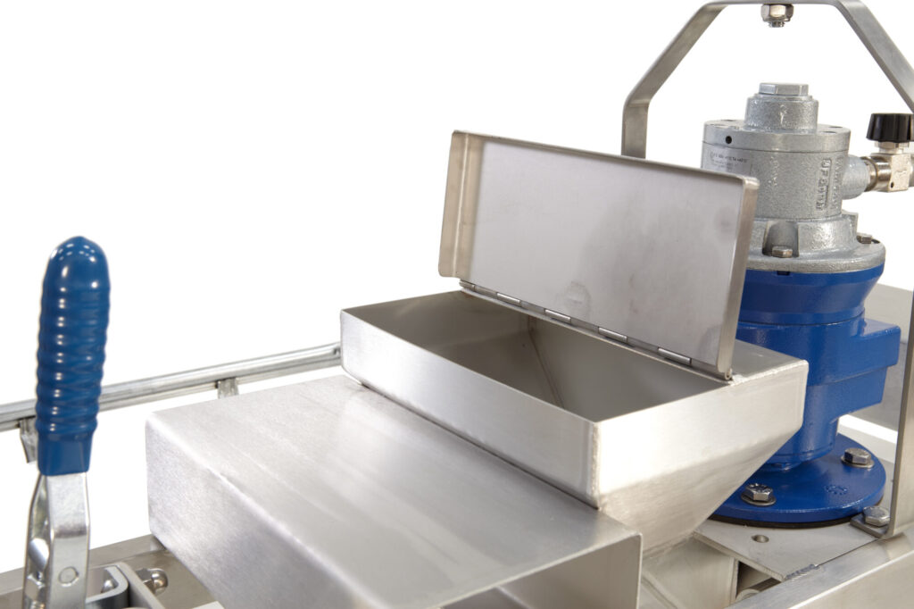 Stainless steel powder hopper with hinged lid on a pneumatic US Mixers IBC mixer bridge
